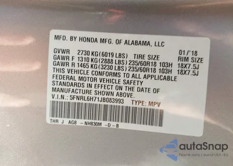 2018 Honda Odyssey Ex-L z USA, uszkodzony, nr VIN 5FNRL6H71JB083993